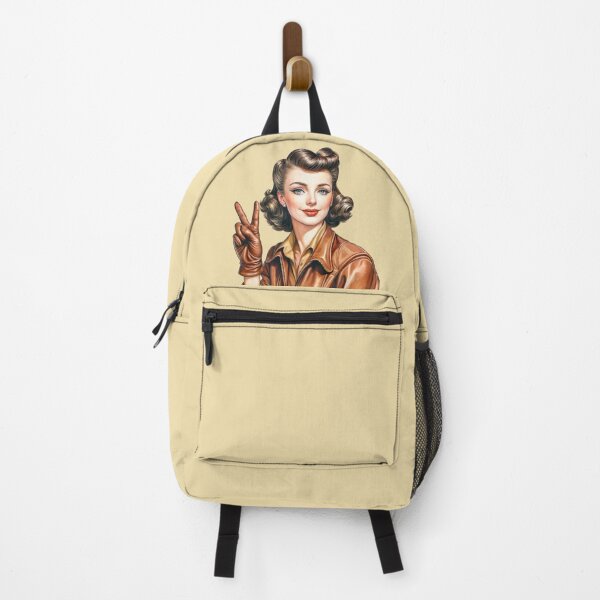 Item preview, WW2 pinup girl wearing leather bomber jacket giving peace victory symbol designed and sold by Bombergirls.