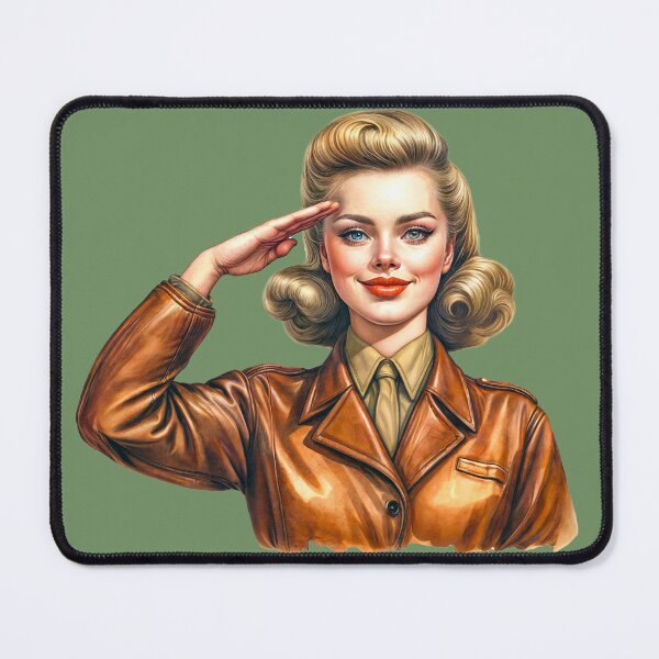Item preview, WW2 pinup girl wearing vintage leather bomber jacket saluting proudly designed and sold by Bombergirls.