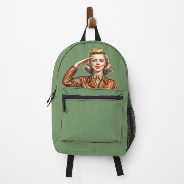 Item preview, WW2 pinup girl wearing vintage leather bomber jacket saluting proudly designed and sold by Bombergirls.