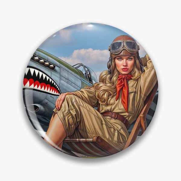 Item preview, Classic WW2 pinup girl in uniform with Mustang military aircraft with shark teeth and invasion stripes designed and sold by Bombergirls.
