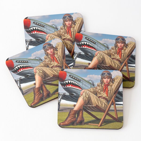 Item preview, Classic WW2 pinup girl in uniform with Mustang military aircraft with shark teeth and invasion stripes designed and sold by Bombergirls.