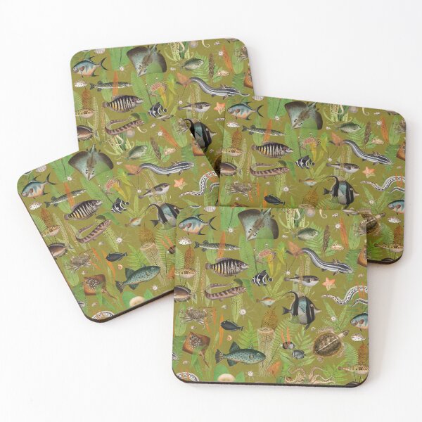 Item preview, Aqua Eden on mustard green faux linen texture designed and sold by Delinda Graphic Studio.