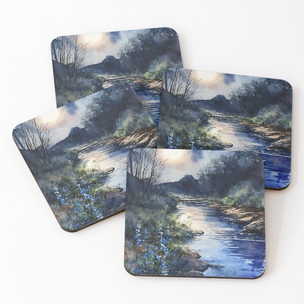 Item preview, Fishing Creek Watercolor at Night - Trees and a Stream designed and sold by AmberRoseWrites.