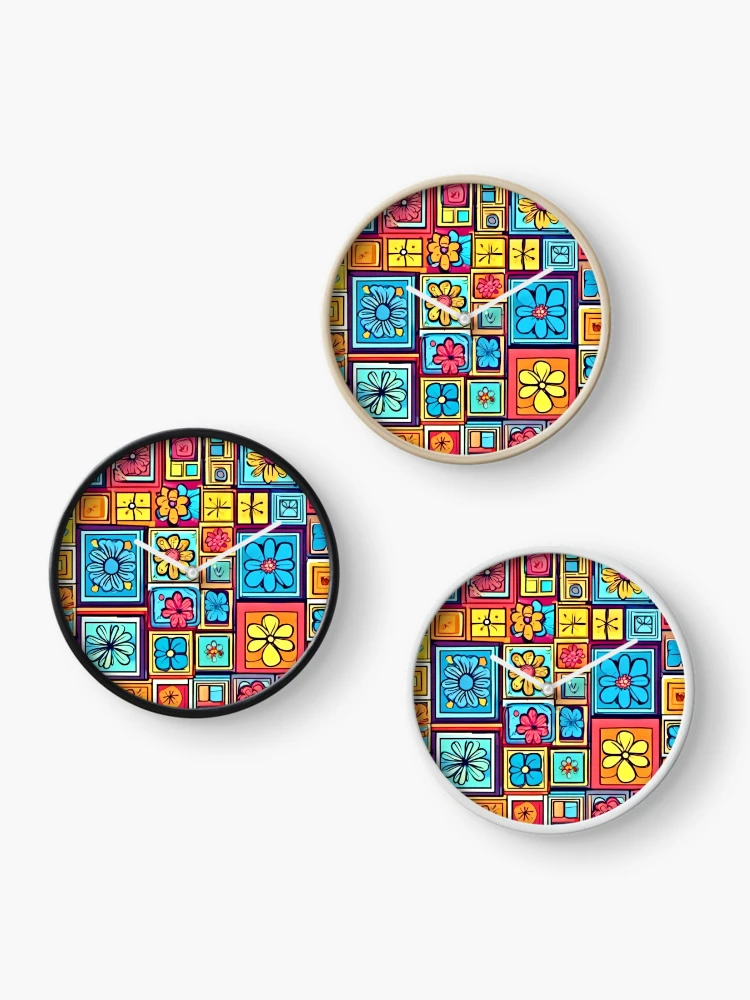 Thumbnail 3 of 4, Clock, Flower Square Patterns: Colorful Comics designed and sold by Health And Fitness Posts e-Store.