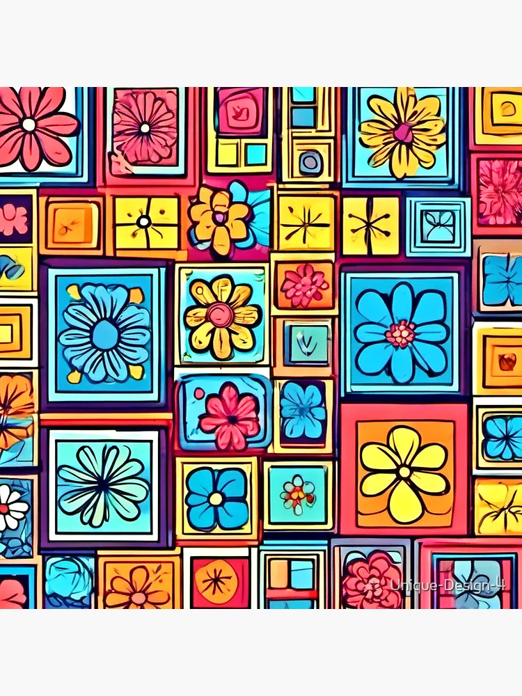 Thumbnail 4 of 4, Clock, Flower Square Patterns: Colorful Comics designed and sold by Health And Fitness Posts e-Store.