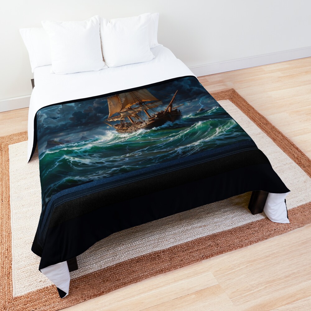 Traversing Chaotic Waves Under Turbulent Clouds AI Concept Art by Xzendo7 - An Astounding Voyage Across The Sea 3 Traversing Chaotic Waves Under Turbulent Clouds Captivating AI Concept Art by Xzendor7 Decorative Comforter