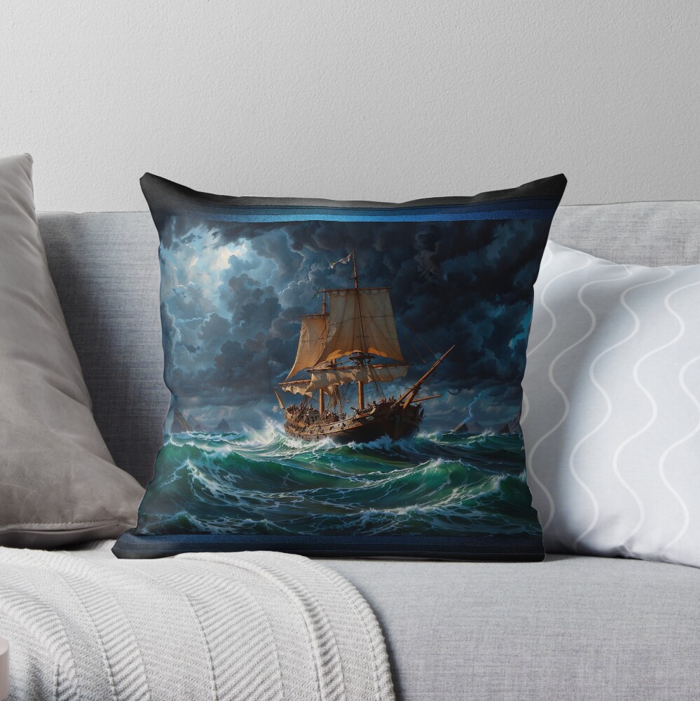 Traversing Chaotic Waves Under Turbulent Clouds AI Concept Art by Xzendo7 - An Astounding Voyage Across The Sea 4 Traversing Chaotic Waves Under Turbulent Clouds Captivating AI Concept Art by Xzendor7 Decorative Throw Pillow