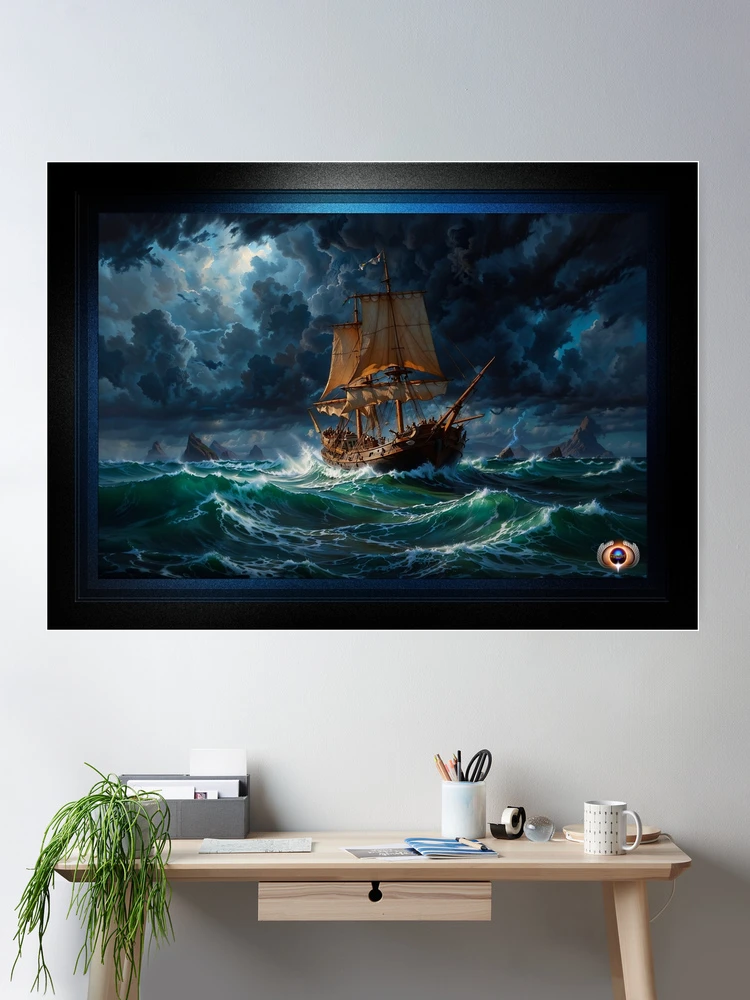Traversing Chaotic Waves Under Turbulent Clouds AI Concept Art by Xzendo7 - An Astounding Voyage Across The Sea 2 Traversing Chaotic Waves Under Turbulent Clouds Captivating AI Concept Art by Xzendor7 Room Decor Poster Art Print