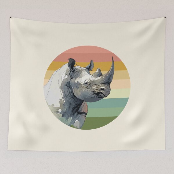 Item preview, Black Rhino Watercolor on Retro Sunset for Rhino Fans designed and sold by Scotch Macaskill.