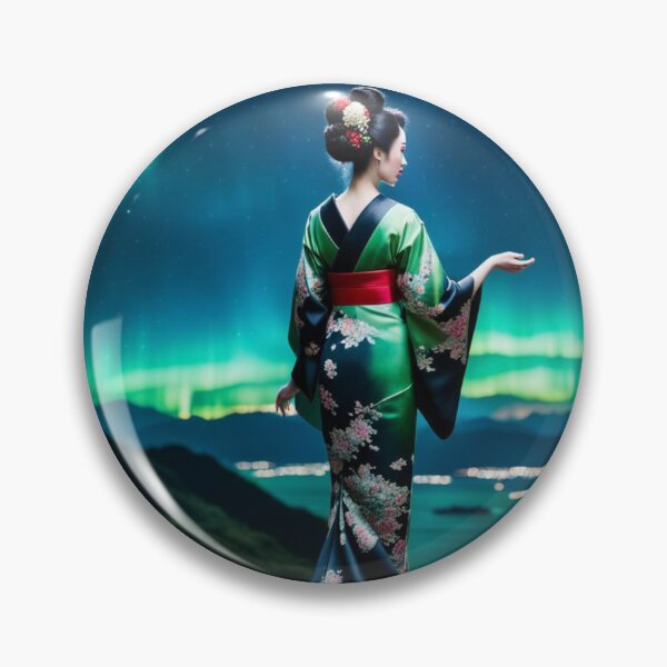 Item preview, Beautiful geisha full body picture, green floral kimono, aurora borealis designed and sold by Coolparrotgirl.