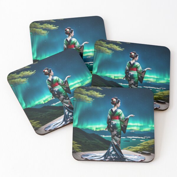 Item preview, Beautiful geisha full body picture, green floral kimono, aurora borealis designed and sold by Coolparrotgirl.