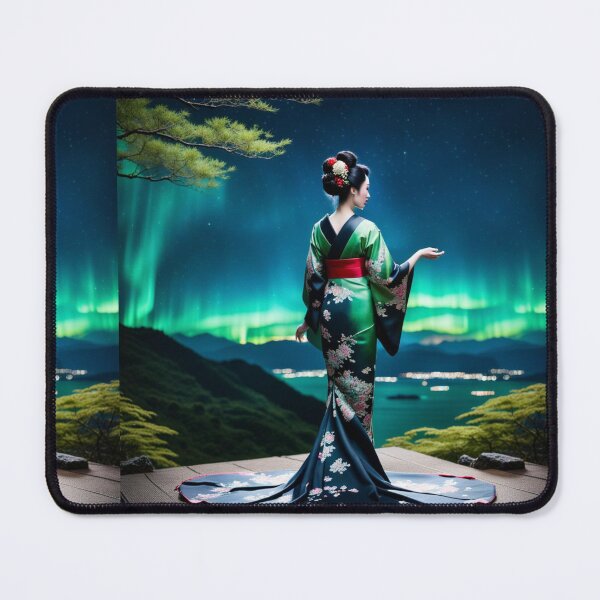 Item preview, Beautiful geisha full body picture, green floral kimono, aurora borealis designed and sold by Coolparrotgirl.