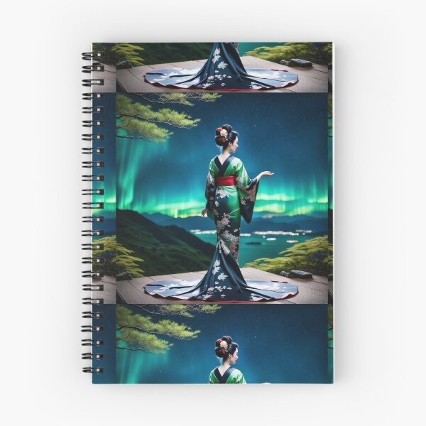 Item preview, Beautiful geisha full body picture, green floral kimono, aurora borealis designed and sold by Coolparrotgirl.