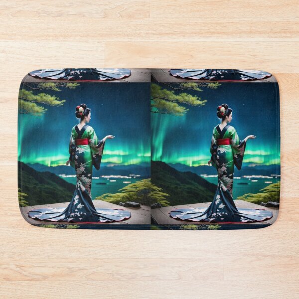 Item preview, Beautiful geisha full body picture, green floral kimono, aurora borealis designed and sold by Coolparrotgirl.