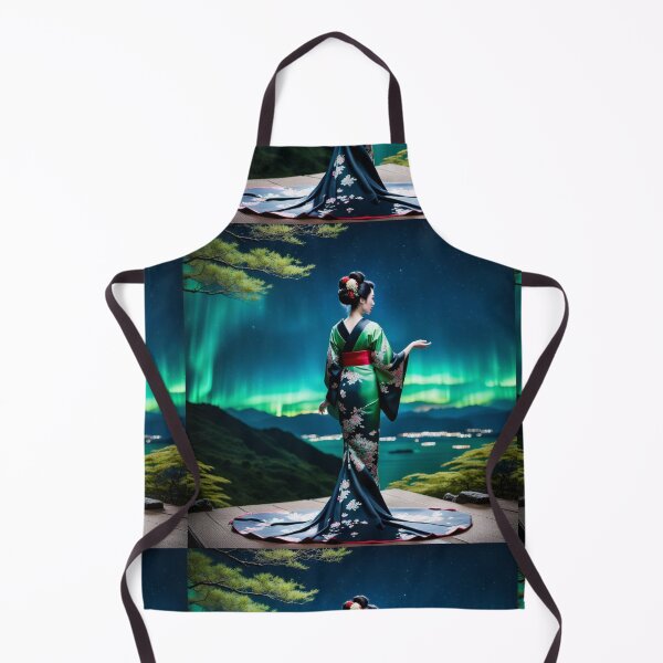 Item preview, Beautiful geisha full body picture, green floral kimono, aurora borealis designed and sold by Coolparrotgirl.