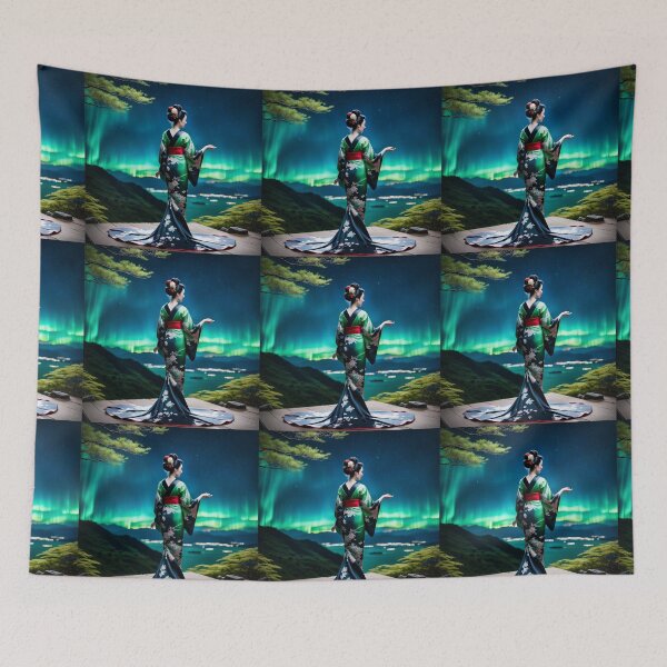 Item preview, Beautiful geisha full body picture, green floral kimono, aurora borealis designed and sold by Coolparrotgirl.