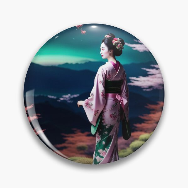 Item preview, Beautiful geisha full body picture, kimono, aurora borealis floral green and pink kimono designed and sold by Coolparrotgirl.