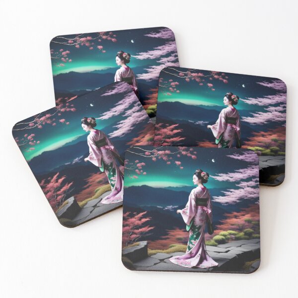 Item preview, Beautiful geisha full body picture, kimono, aurora borealis floral green and pink kimono designed and sold by Coolparrotgirl.