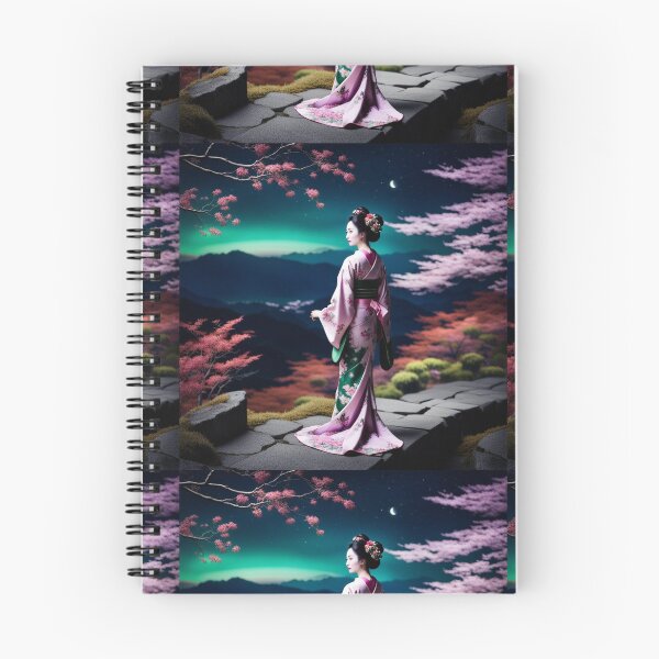 Item preview, Beautiful geisha full body picture, kimono, aurora borealis floral green and pink kimono designed and sold by Coolparrotgirl.