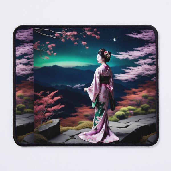 Item preview, Beautiful geisha full body picture, kimono, aurora borealis floral green and pink kimono designed and sold by Coolparrotgirl.