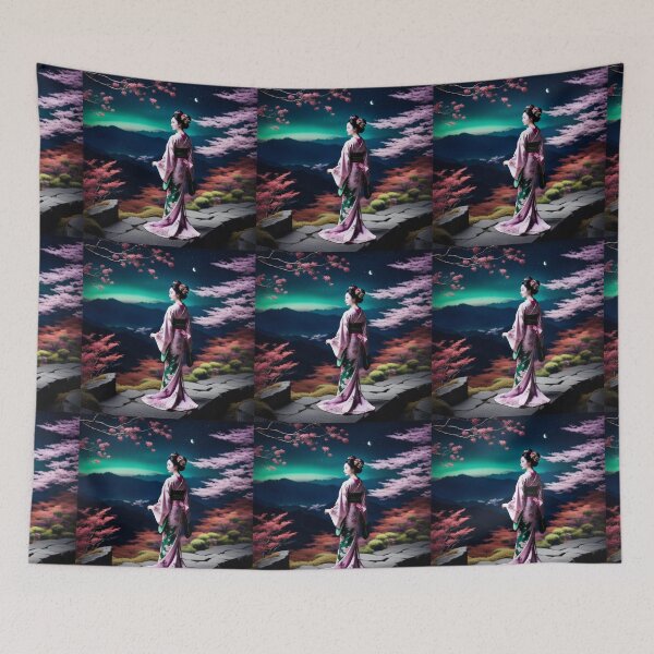 Item preview, Beautiful geisha full body picture, kimono, aurora borealis floral green and pink kimono designed and sold by Coolparrotgirl.