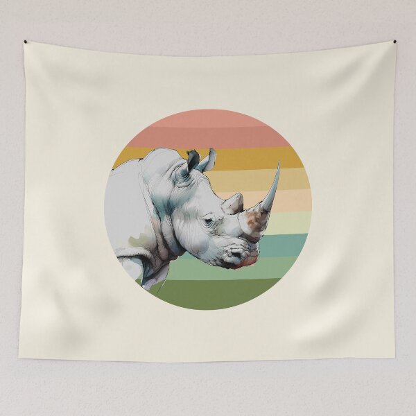 Item preview, White Rhino Watercolor on Retro Sunset for Rhino Fans designed and sold by Scotch Macaskill.