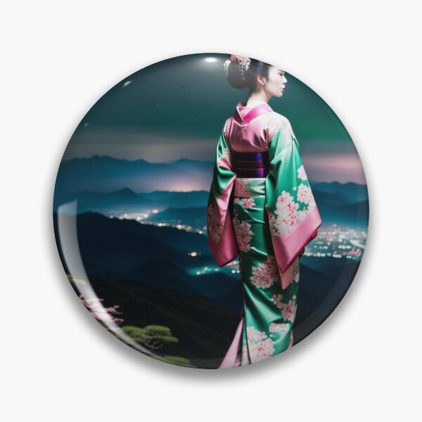 Item preview, Beautiful geisha full body picture, floral green and pink kimono, aurora borealis designed and sold by Coolparrotgirl.