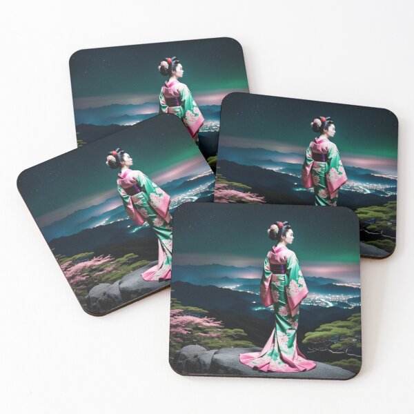 Item preview, Beautiful geisha full body picture, floral green and pink kimono, aurora borealis designed and sold by Coolparrotgirl.