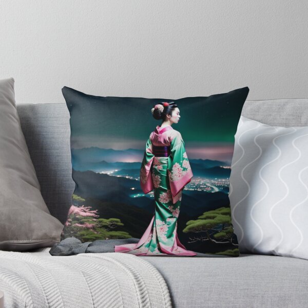 Item preview, Beautiful geisha full body picture, floral green and pink kimono, aurora borealis designed and sold by Coolparrotgirl.