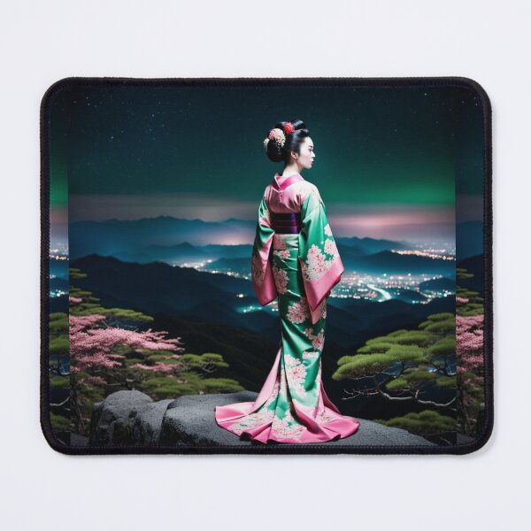 Item preview, Beautiful geisha full body picture, floral green and pink kimono, aurora borealis designed and sold by Coolparrotgirl.