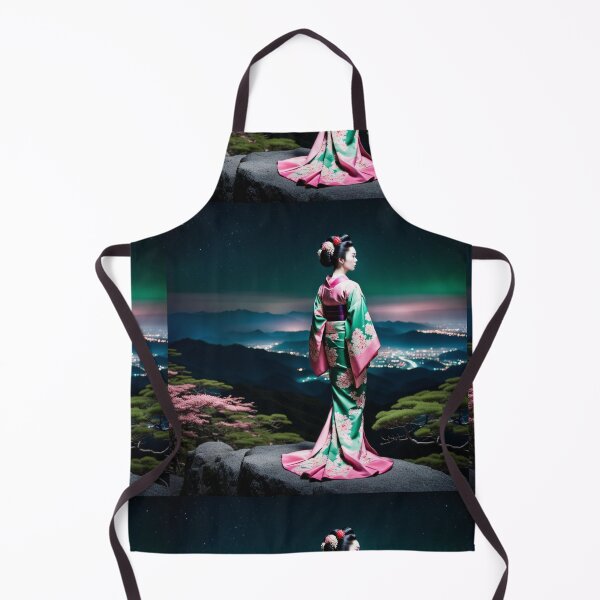 Item preview, Beautiful geisha full body picture, floral green and pink kimono, aurora borealis designed and sold by Coolparrotgirl.