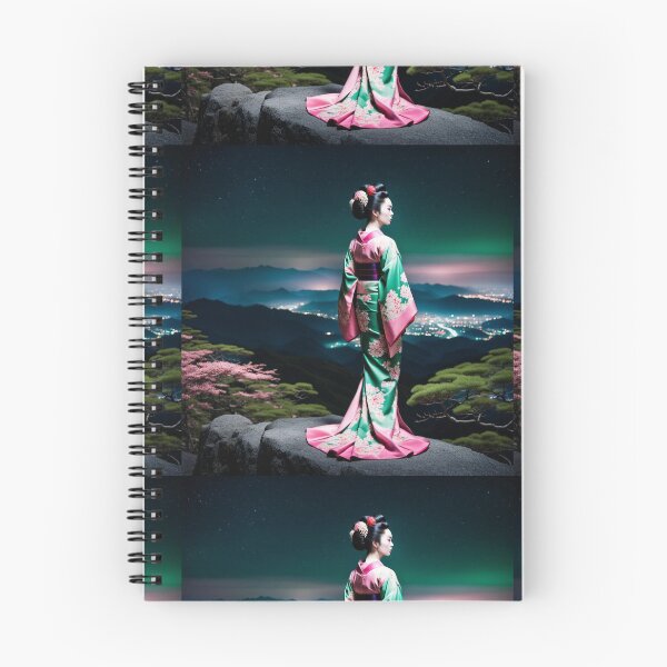 Item preview, Beautiful geisha full body picture, floral green and pink kimono, aurora borealis designed and sold by Coolparrotgirl.