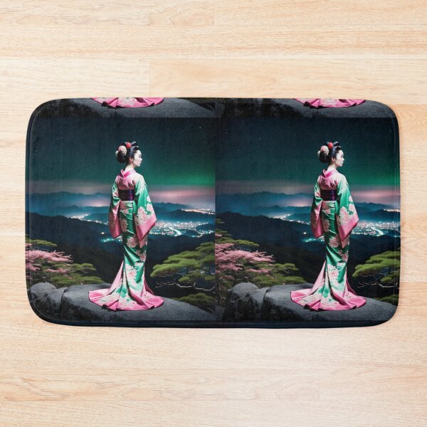 Item preview, Beautiful geisha full body picture, floral green and pink kimono, aurora borealis designed and sold by Coolparrotgirl.