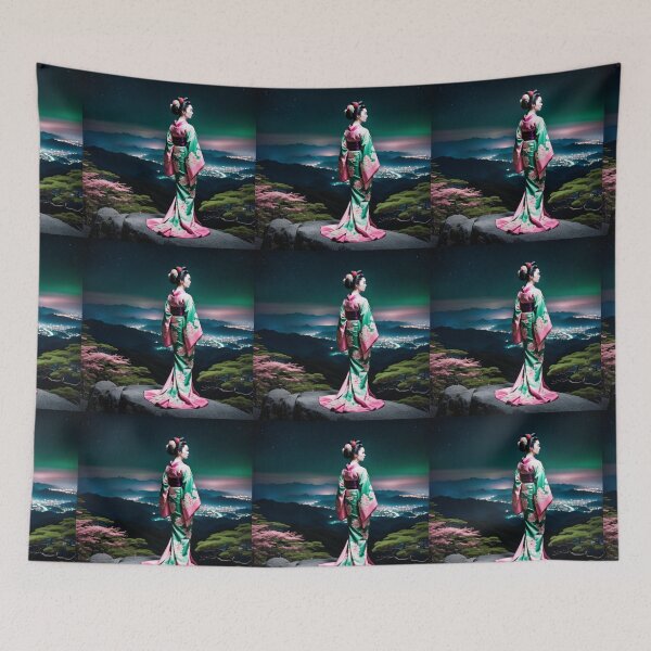 Item preview, Beautiful geisha full body picture, floral green and pink kimono, aurora borealis designed and sold by Coolparrotgirl.