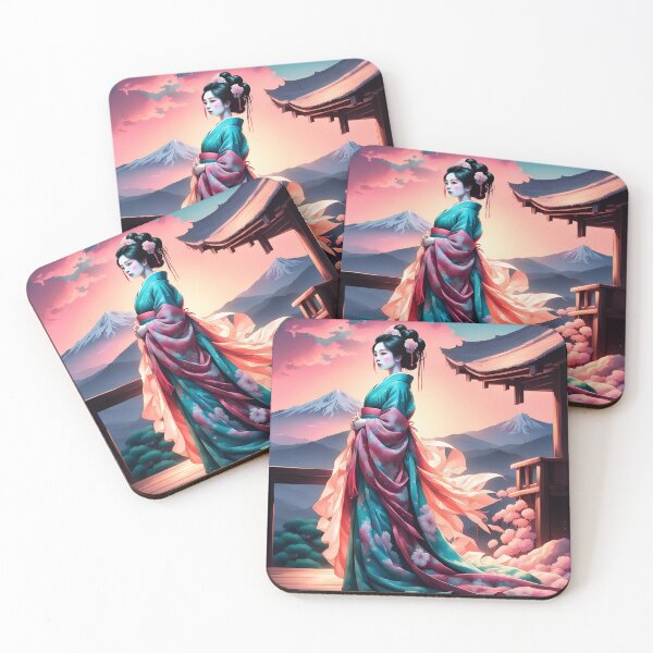 Item preview, Beautiful geisha full body picture, kimono, on the hill, sunrise, sunset Fuji designed and sold by Coolparrotgirl.