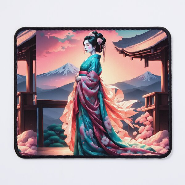 Item preview, Beautiful geisha full body picture, kimono, on the hill, sunrise, sunset Fuji designed and sold by Coolparrotgirl.