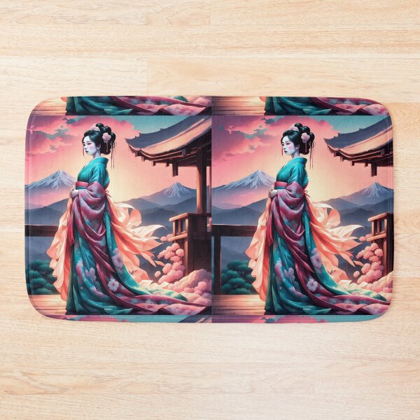 Item preview, Beautiful geisha full body picture, kimono, on the hill, sunrise, sunset Fuji designed and sold by Coolparrotgirl.