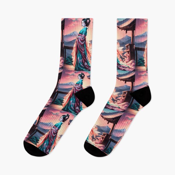 Item preview, Beautiful geisha full body picture, kimono, on the hill, sunrise, sunset Fuji designed and sold by Coolparrotgirl.