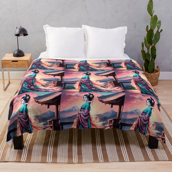 Item preview, Beautiful geisha full body picture, kimono, on the hill, sunrise, sunset Fuji designed and sold by Coolparrotgirl.