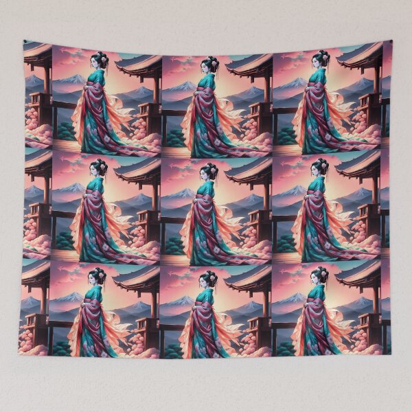 Item preview, Beautiful geisha full body picture, kimono, on the hill, sunrise, sunset Fuji designed and sold by Coolparrotgirl.