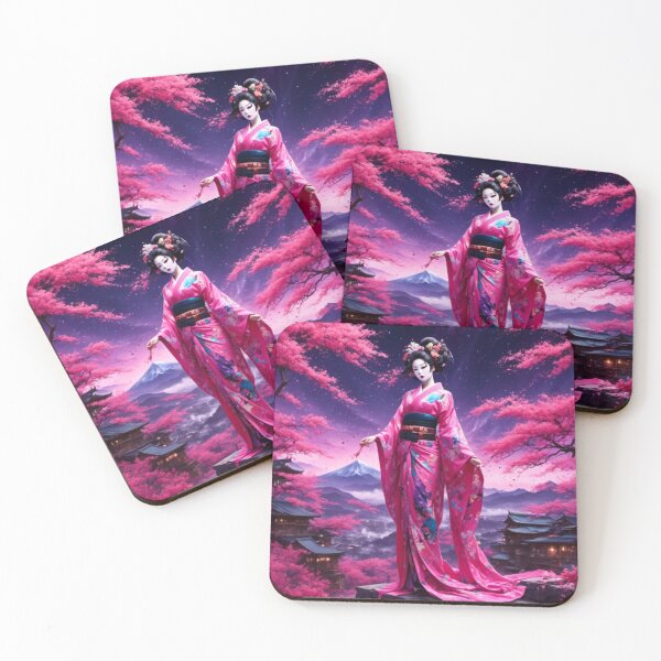 Item preview, Beautiful geisha full body picture, kimono, on the hill, sunrise, sunset, Fuji mountain designed and sold by Coolparrotgirl.