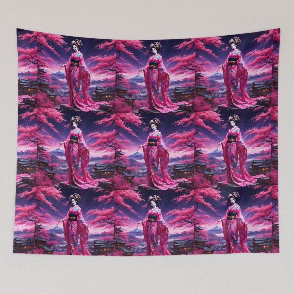 Item preview, Beautiful geisha full body picture, kimono, on the hill, sunrise, sunset, Fuji mountain designed and sold by Coolparrotgirl.