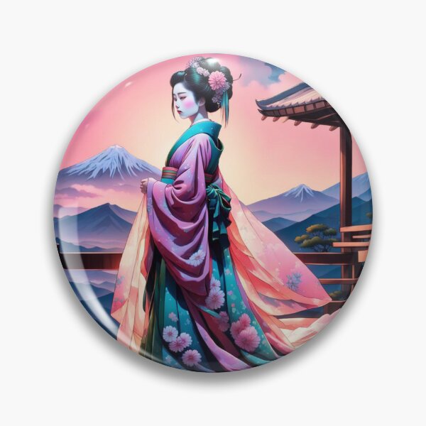 Item preview, Beautiful geisha full body picture, kimono, on the hill, sunrise, sunset, Fuji in the background designed and sold by Coolparrotgirl.