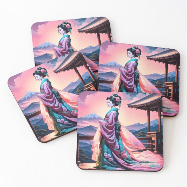Item preview, Beautiful geisha full body picture, kimono, on the hill, sunrise, sunset, Fuji in the background designed and sold by Coolparrotgirl.
