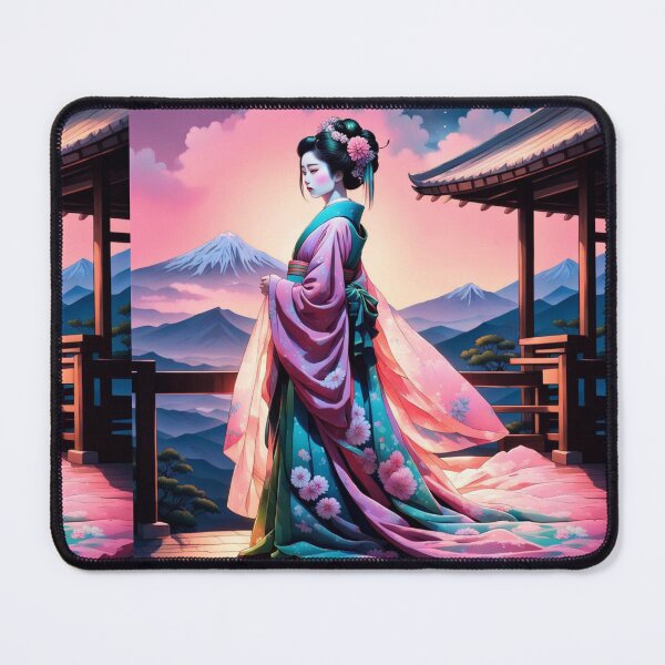 Item preview, Beautiful geisha full body picture, kimono, on the hill, sunrise, sunset, Fuji in the background designed and sold by Coolparrotgirl.