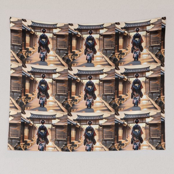 Item preview, Beautiful geisha full body picture, rear view, kimono, tori gate, sunrise, sunset designed and sold by Coolparrotgirl.