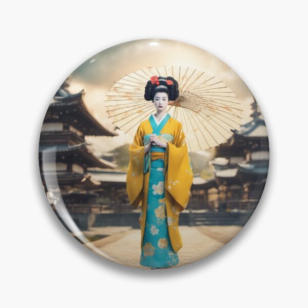 Item preview, Beautiful geisha full body picture, yelllow and sky blue kimono, pagoda, sunrise, sunset designed and sold by Coolparrotgirl.