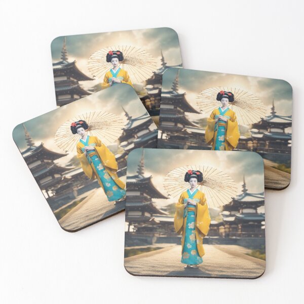 Item preview, Beautiful geisha full body picture, yelllow and sky blue kimono, pagoda, sunrise, sunset designed and sold by Coolparrotgirl.