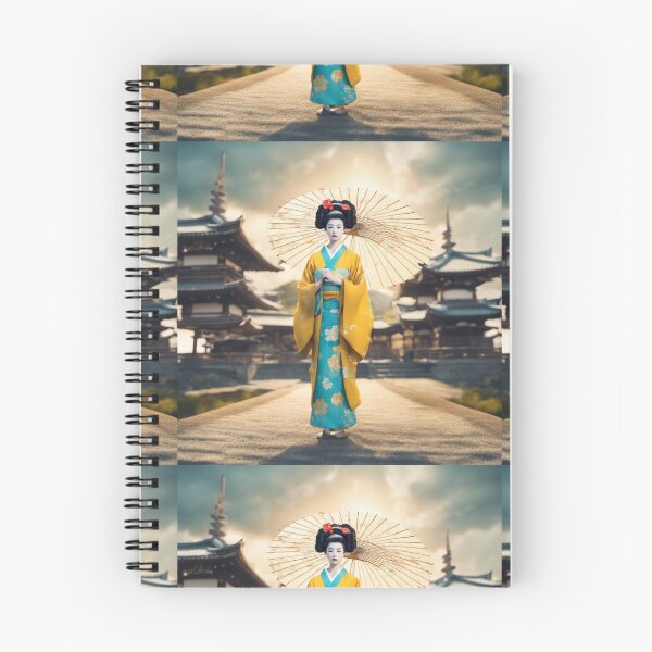 Item preview, Beautiful geisha full body picture, yelllow and sky blue kimono, pagoda, sunrise, sunset designed and sold by Coolparrotgirl.