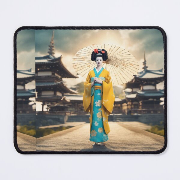 Item preview, Beautiful geisha full body picture, yelllow and sky blue kimono, pagoda, sunrise, sunset designed and sold by Coolparrotgirl.